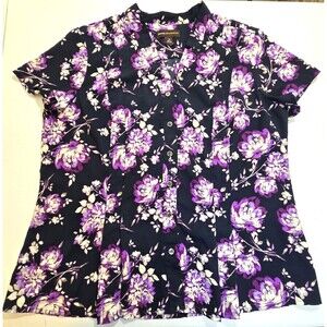 Dana Buchman Shirt Floral  Black/Purple V-Neck Button Up Top Women's Size XL